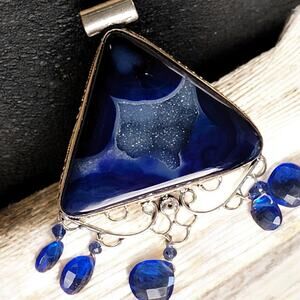 Blue Agate Sterling Silver Pendant with Dangle Beads and 20-Inch Chain